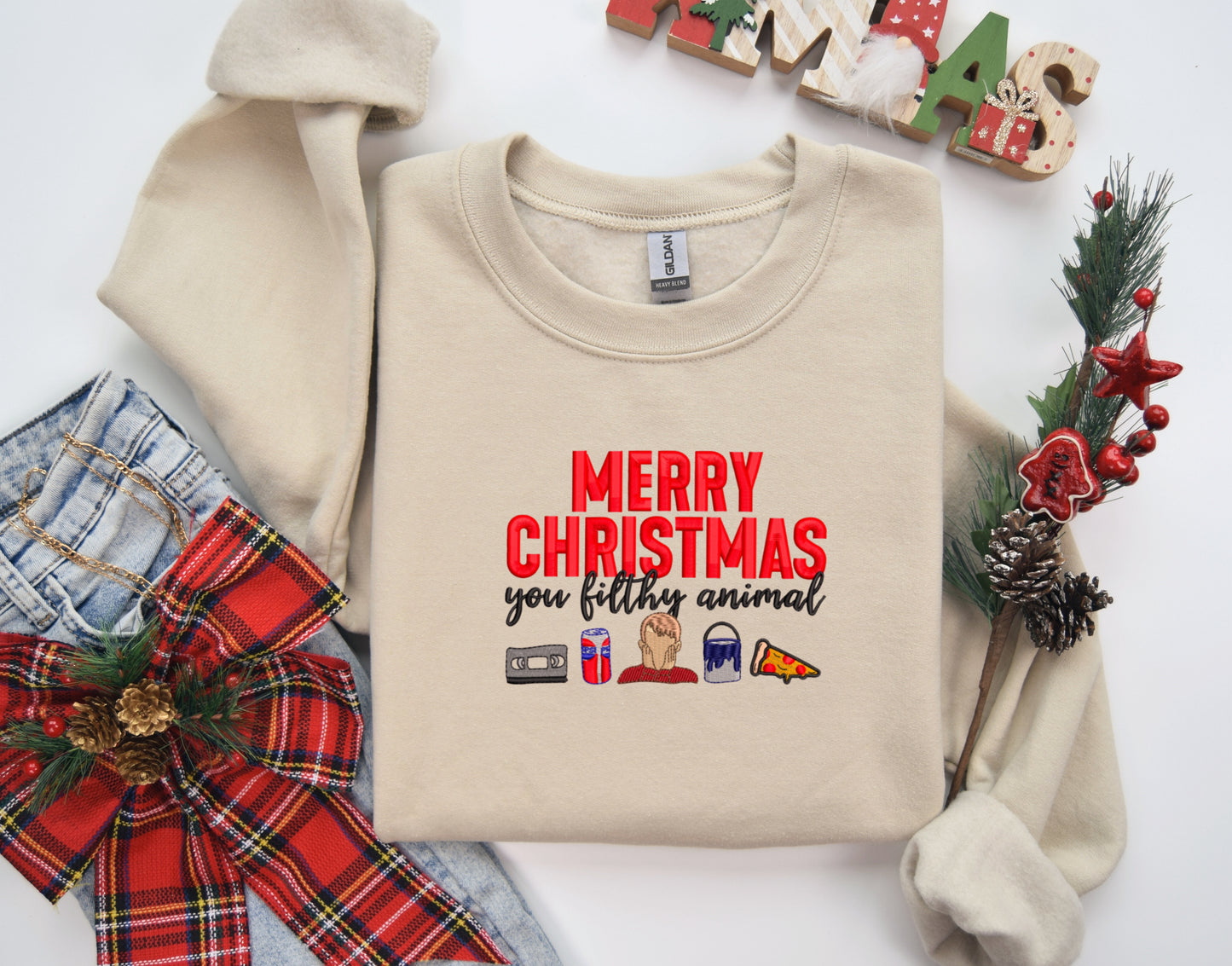 Merry Christmas You Filthy Animals Embroidered Crewneck