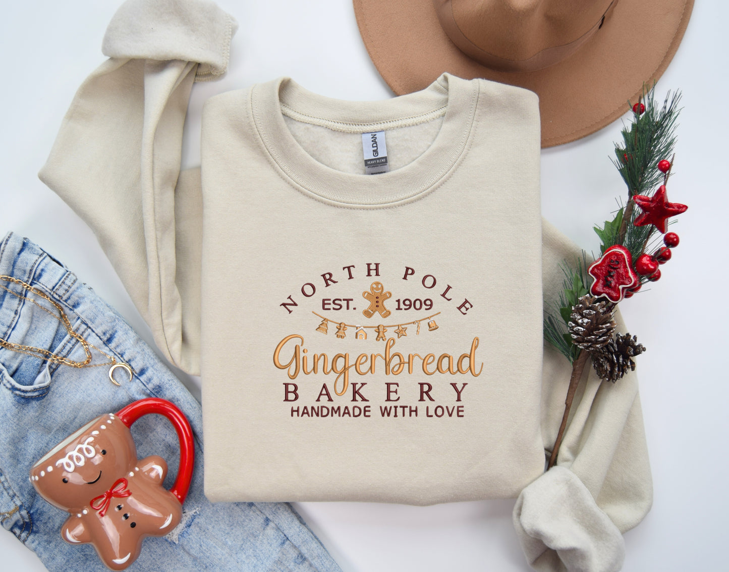 North Pole Gingerbread Bakery Embroidered Crewneck