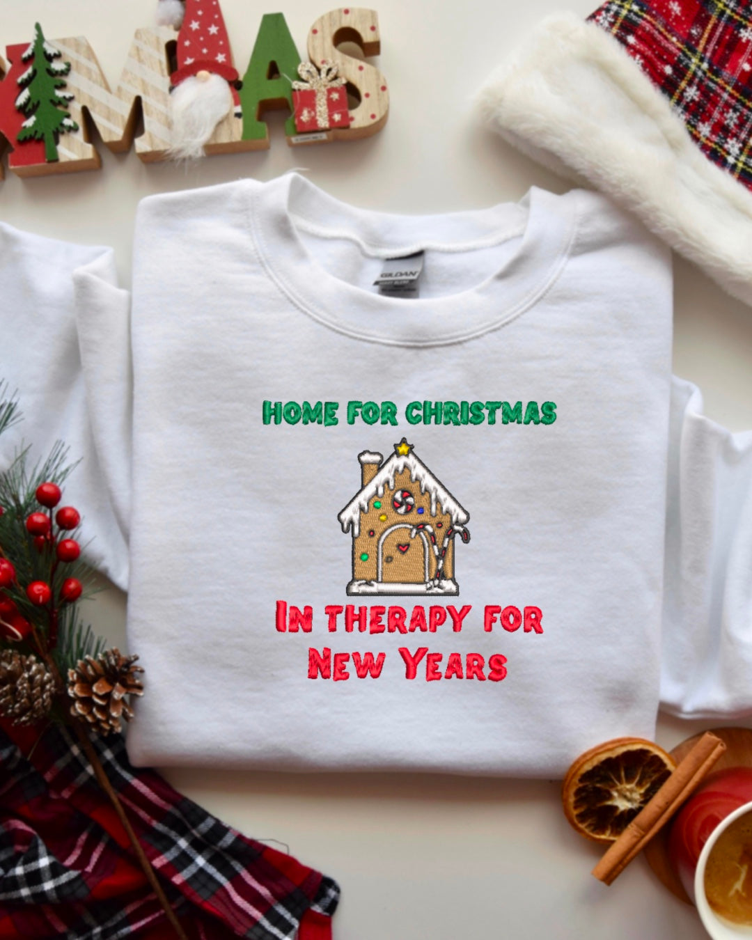 Home for Christmas, In Therapy for New Years Embroidered Crewneck