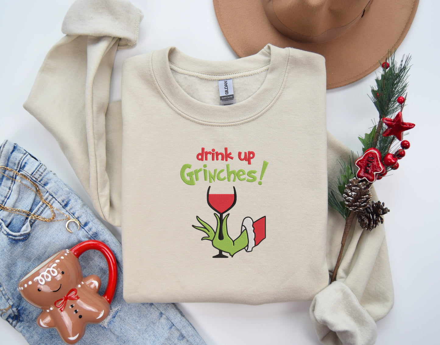 Drink Up Grinches Embroidered Crewneck