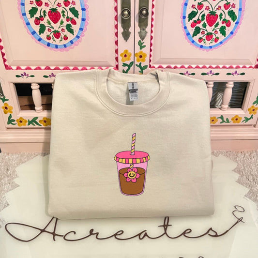 Sunflower Straw Iced Coffee Embroidered Crewneck